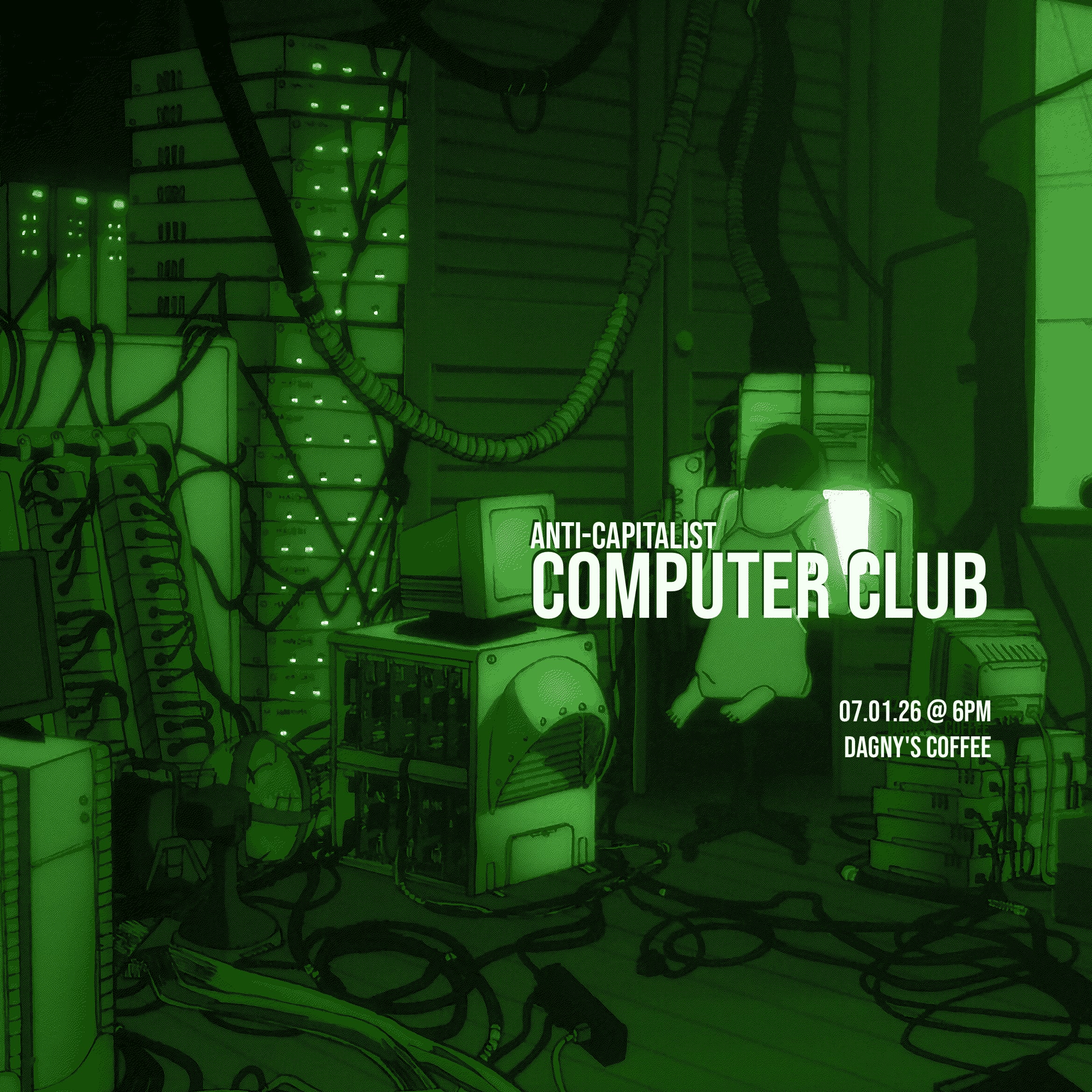 A promotional image for July 2026&rsquo;s meeting at Dagny&rsquo;s featuring Lain sitting in front of a massive personal computer setup