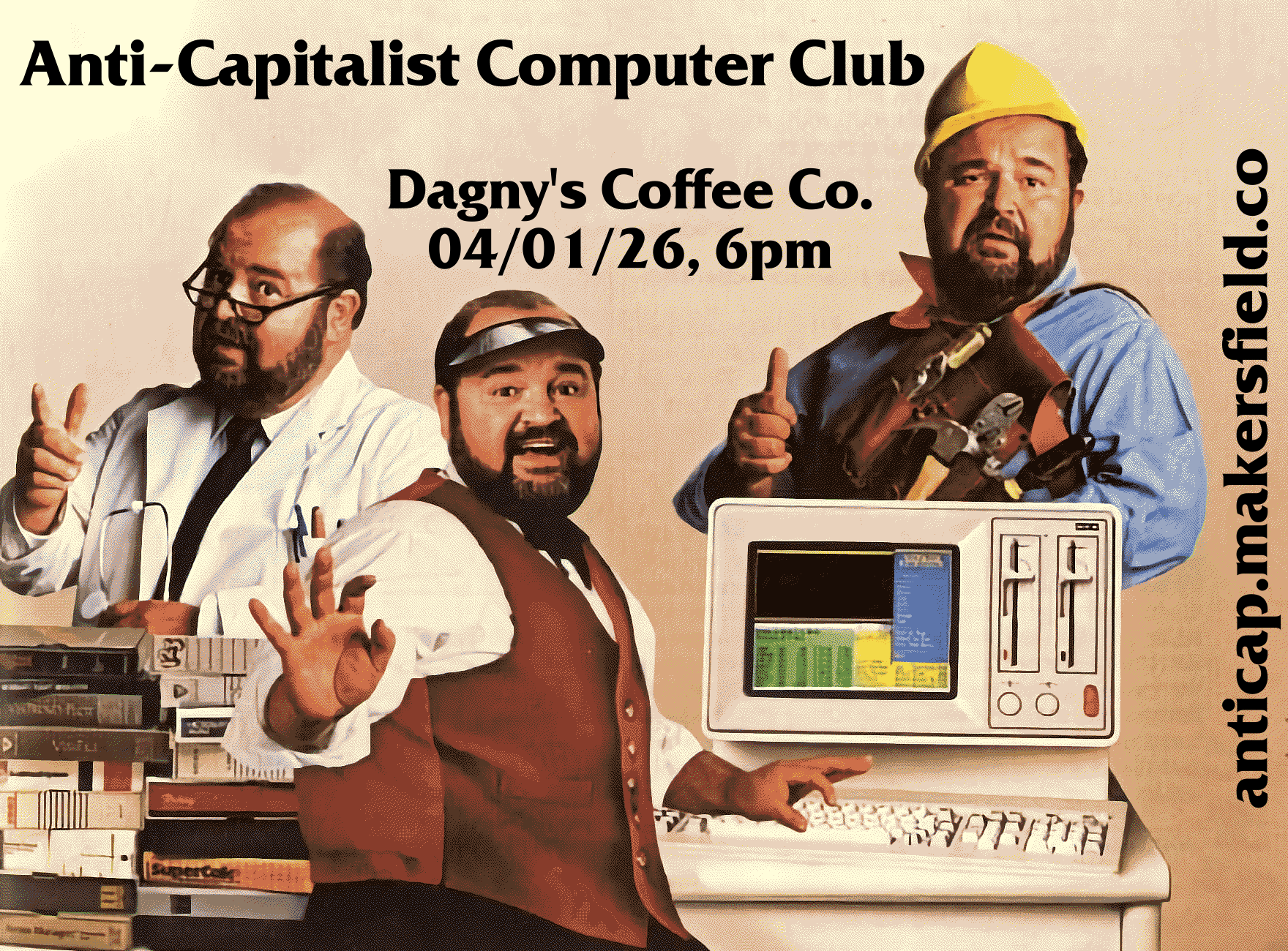 A promotional image for April 2026&rsquo;s meeting at Dagny&rsquo;s, featuring three swagnificent Dom DeLuises.